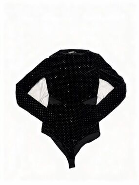 Zara Trafaluc Black Velvet Rhinestone Long Sleeve Bodysuit